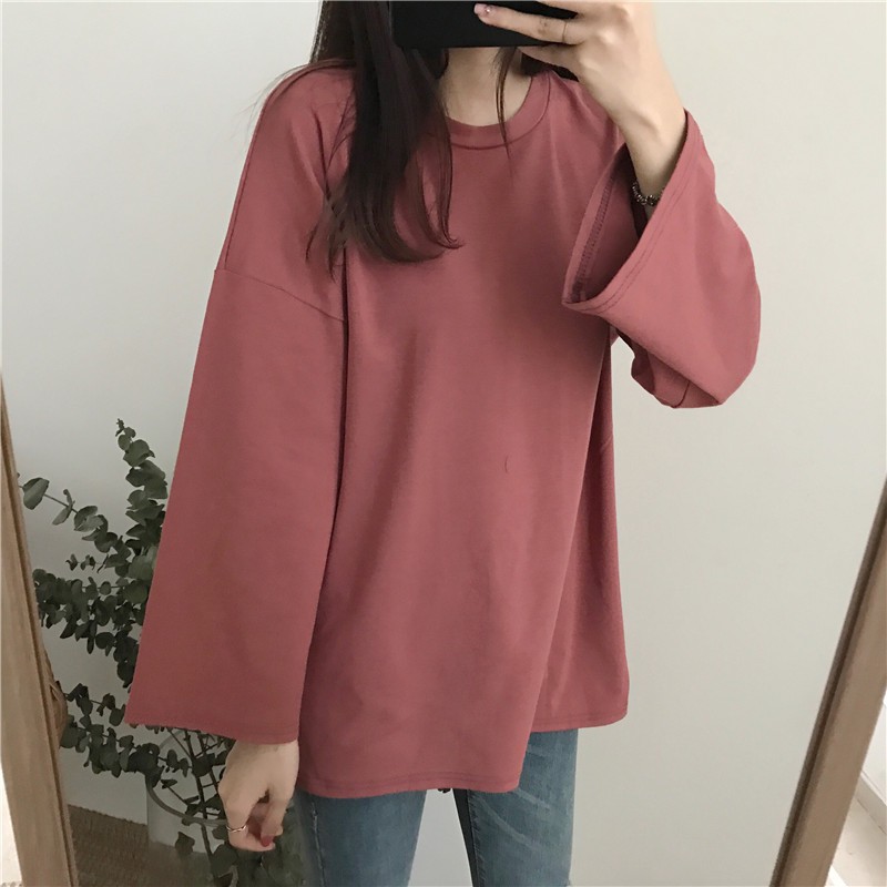 Sẵn) áo thun tay dài ulzzang áo thu đông áo phông trơn dài tay mỏng form rộng tay rộng free size | Shopee Việt Nam