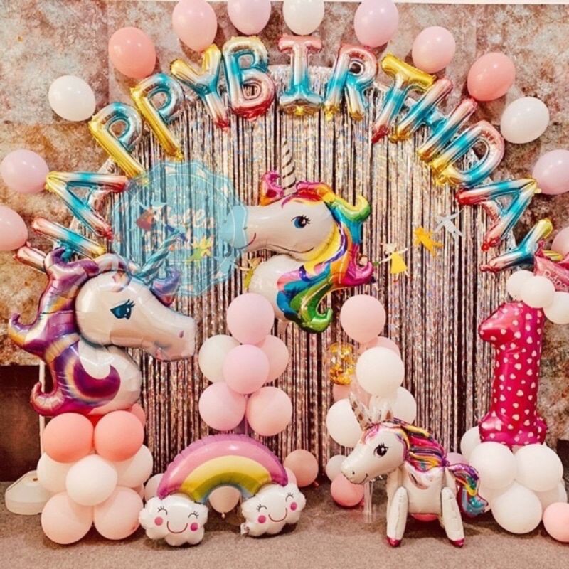 Sét trang trí sinh nhật ngựa pony cho bé gái tặng kèm bơm keo ...