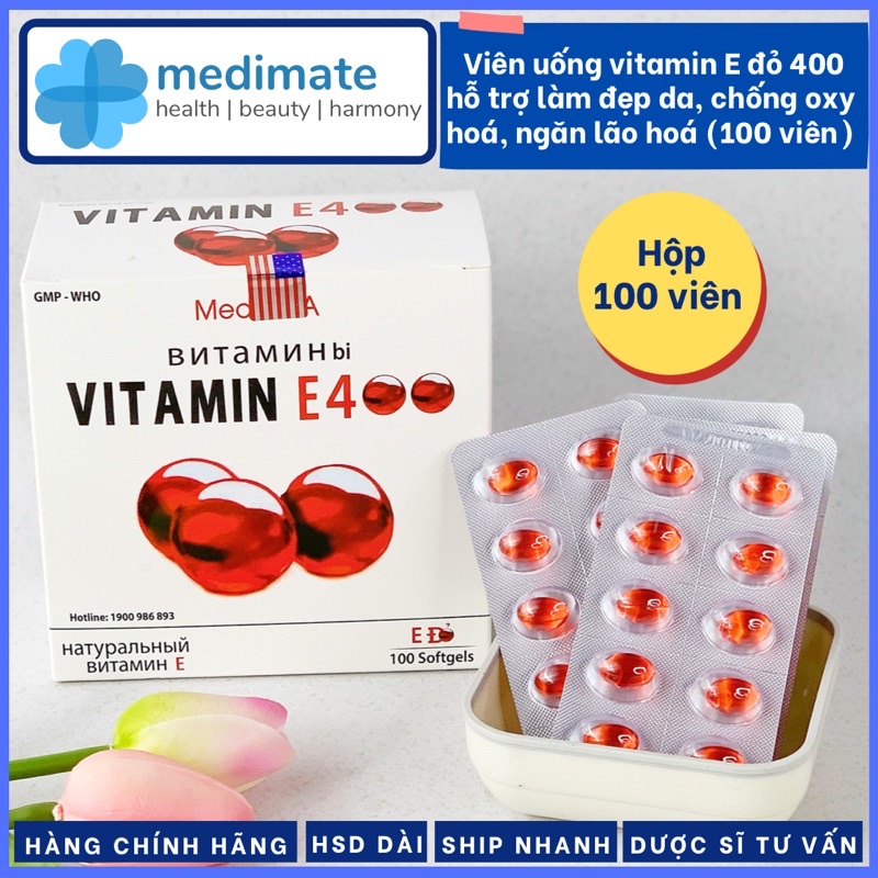 Viên uống Vitamin E Đỏ 400 MediUSA giúp đẹp da, giảm lão hóa