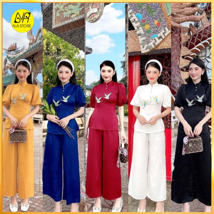 Bộ Đi Lễ Chùa Nữ - Đồ Lam Đi Chùa Lụa Đẹp Cao Cấp Trang Nhã Họa Tiết Thêu  Đôi Hạt Tay Phồng - Al026 | Shopee Việt Nam
