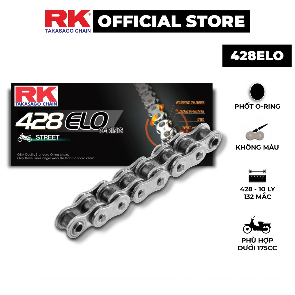 Sên xe máy RK Takasago chain 428 ELO, phốt cao su O-ring, kích 