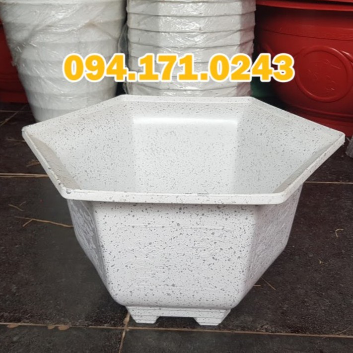 Chậu lục giác trắng giả đá (kích thước Rộng 42cm x Cao 23cm ...