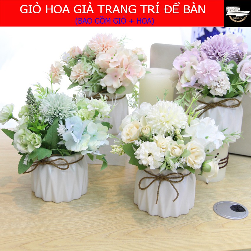 Chậu Hoa giả trang trí để bàn, hoa Macaron, chậu bằng sứ đẹp ...