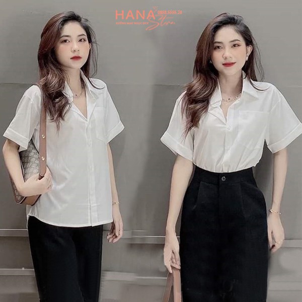 Áo Sơ Mi Nữ Cộc Tay Công Sở Đi Học Form Rộng Kiểu Áo Sơ Mi Trắng Kem Tay  Ngắn Lỡ Xắn Cổ Bẻ Hàn Quốc Có Túi Vải Lanh Mát |