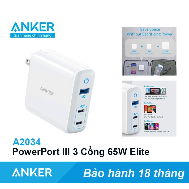 Chargeur USB C, Anker 65W PIQ 3.0&GaN Type-C Chargeur Ports PD