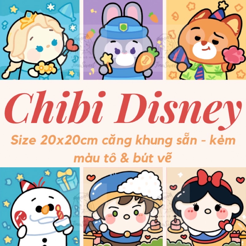 Tinasweet 🌈 Tranh Tô Màu Theo Số Hoạt Hình Disney Chibi - Size 20X20Cm  Căng Khung Sẵn, Kèm Màu Và Cọ Vẽ | Shopee Việt Nam