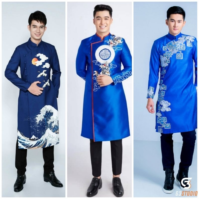 Blue Ao Dai Men - Áo Dài Xanh Nam Vẽ Vải Co Giản Nhẹ