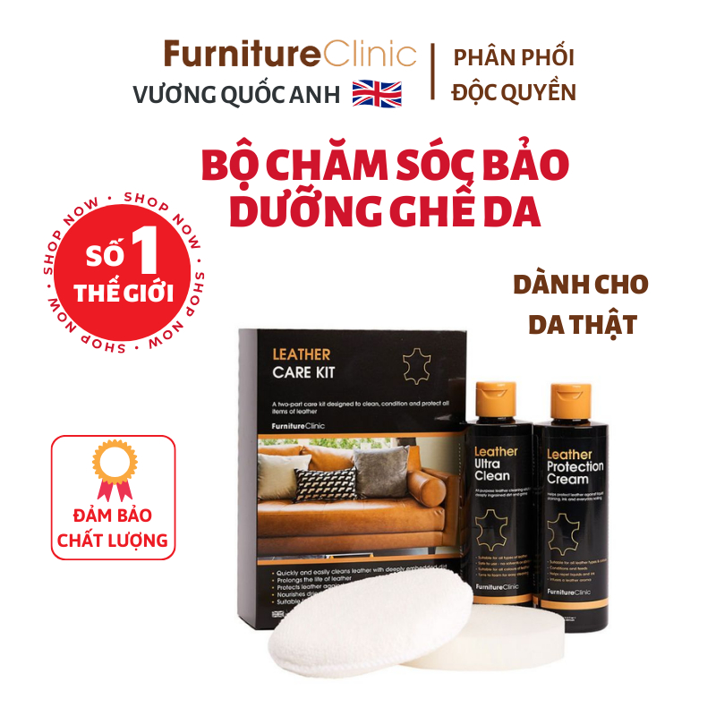 Bộ vệ sinh ghế da hãng Furniture Clinic Vương quốc Anh - Leather Care  250ml, làm sạch hiệu quả, an toàn cho da cao cấp