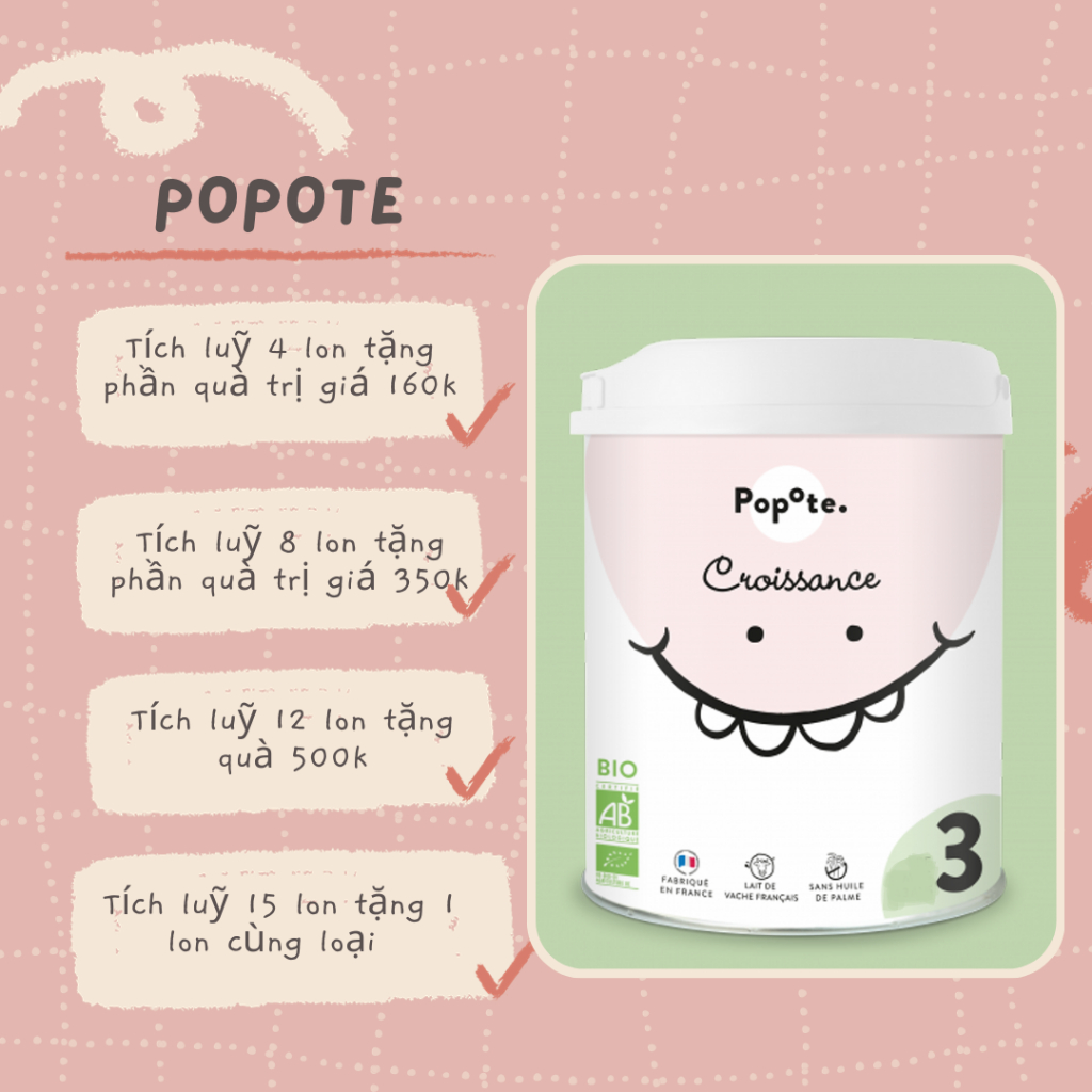 Sữa hữu cơ Popote Bebe 800gram số 1 2 3