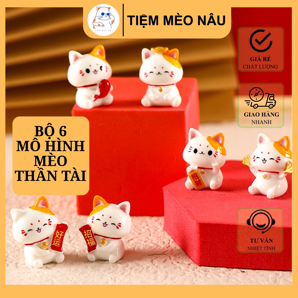 SET 6 Mô hình MÈO THẦN TÀI MINI may mắn, dễ thương trang trí ...